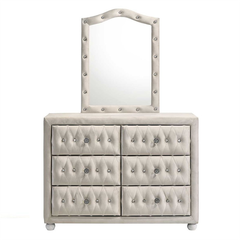 Bowery Hill Arched Button-Tufted Dresser Mirror in Beige Fabric