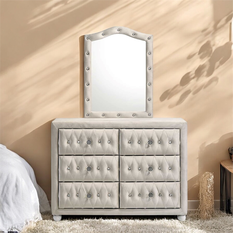 Bowery Hill Arched Button-Tufted Dresser Mirror in Beige Fabric