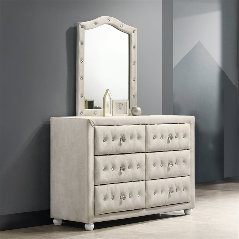 Bowery Hill Arched Button-Tufted Dresser Mirror in Beige Fabric