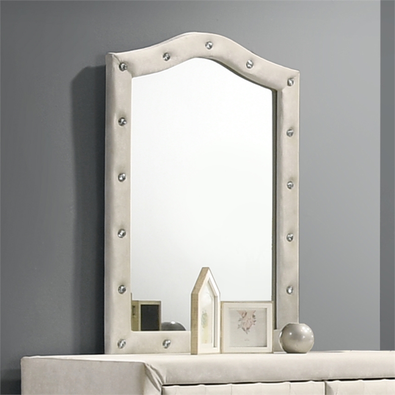 Bowery Hill Arched Button-Tufted Dresser Mirror in Beige Fabric