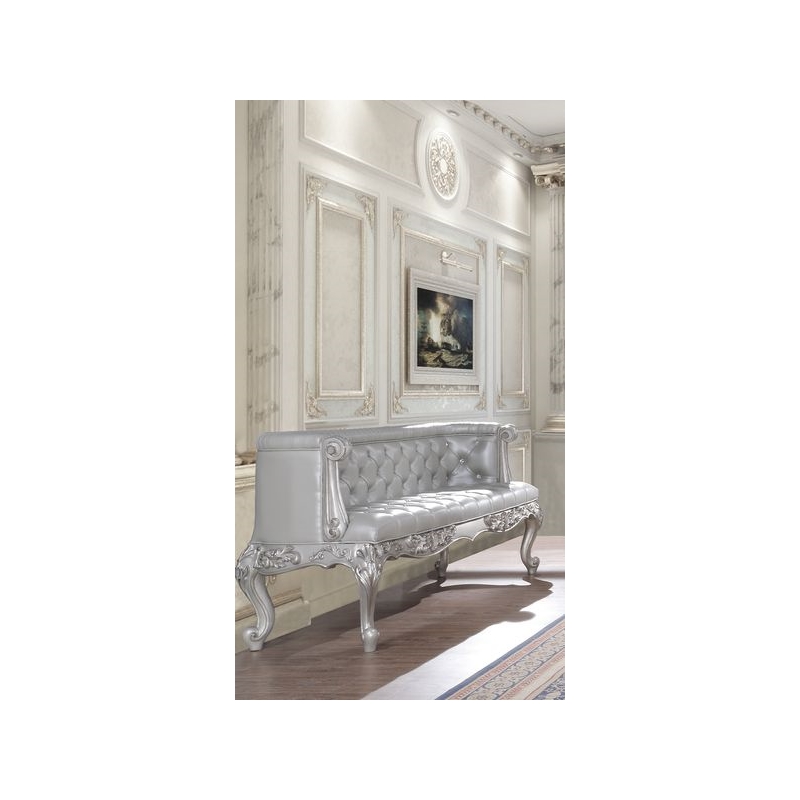 Bowery Hill Button-Tufted Bench in Synthetic Leather and Antique Platinum