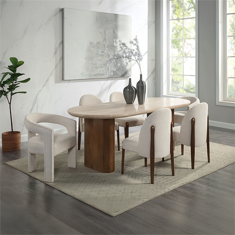 Bowery Hill Oval Dining Table with Travertine Top in Dark Oak
