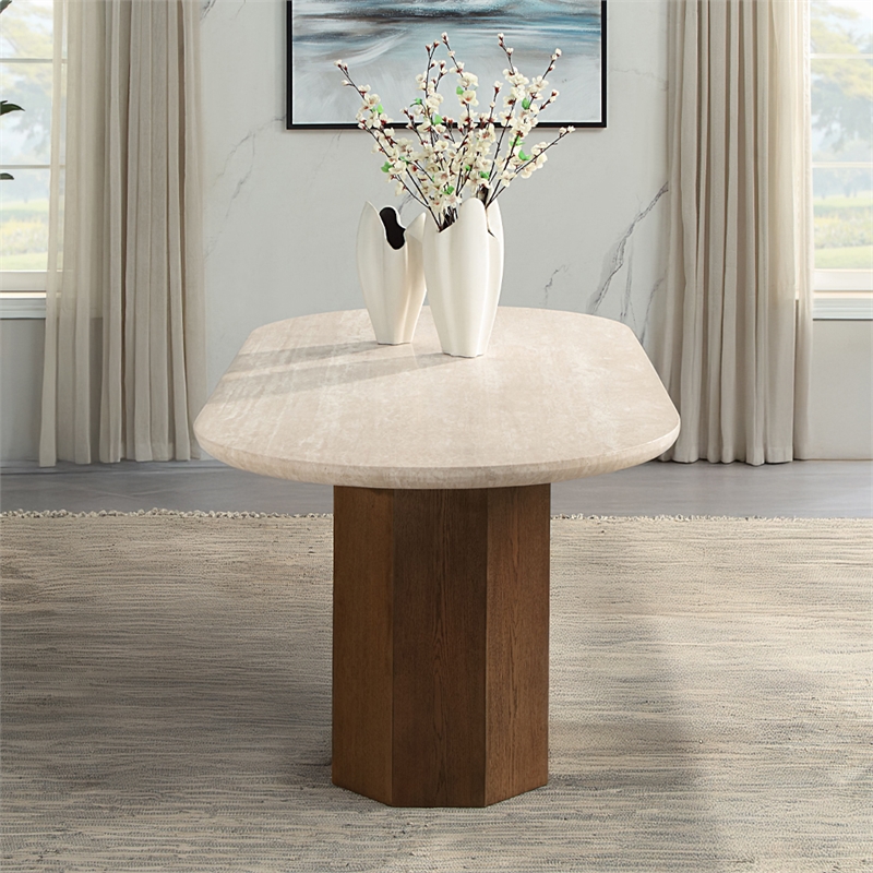 Bowery Hill Oval Dining Table with Travertine Top in Dark Oak