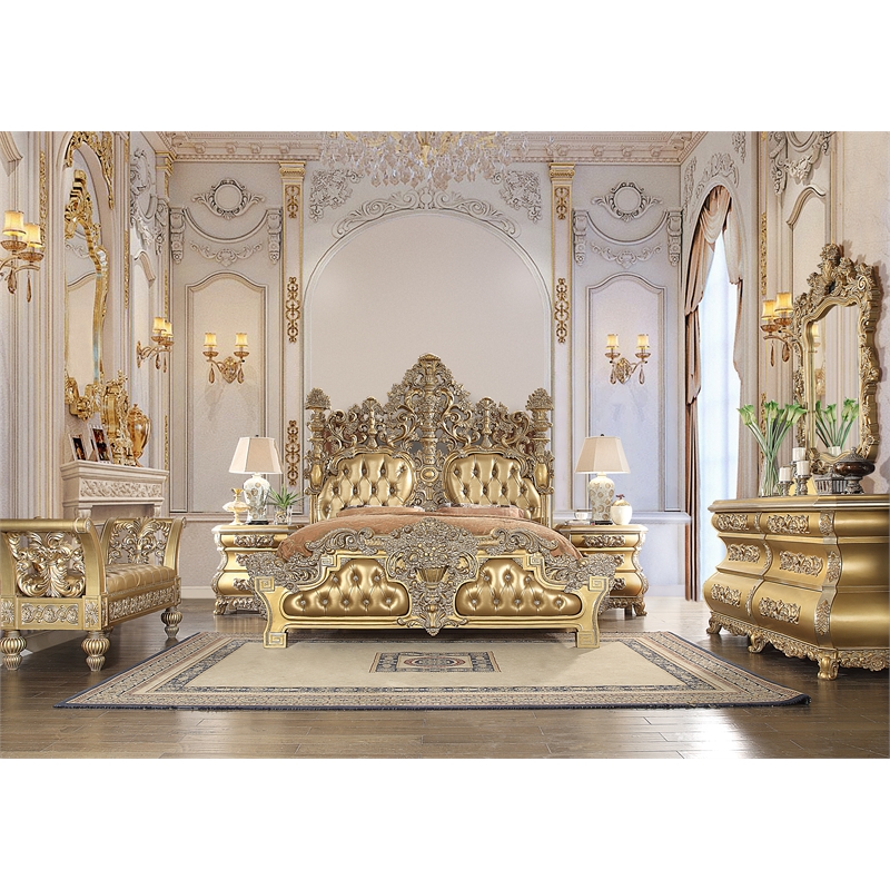 Bowery Hill Upholstered Scrolled Bench in Synthetic Leather and Gold