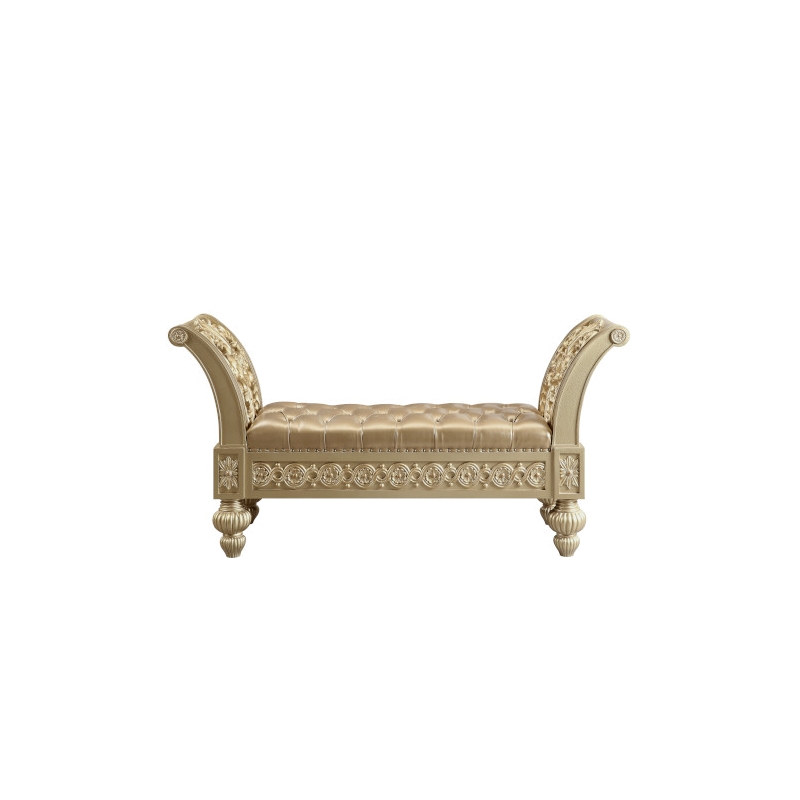 Bowery Hill Upholstered Scrolled Bench in Synthetic Leather and Gold