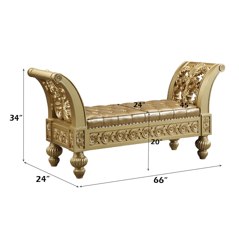 Bowery Hill Upholstered Scrolled Bench in Synthetic Leather and Gold