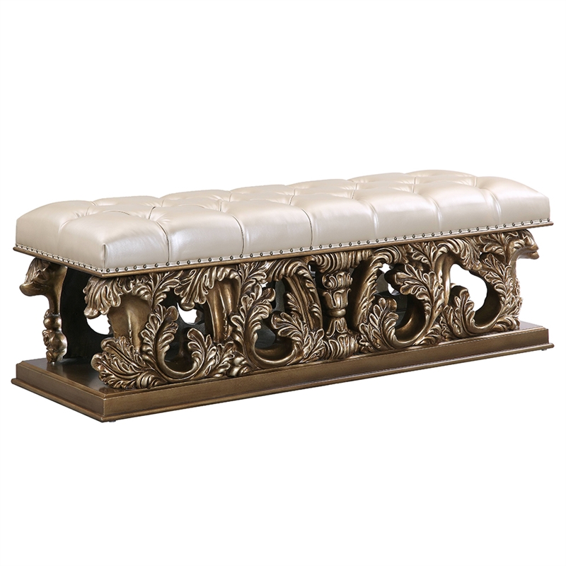 Bowery Hill Button-Tufted Bench in Synthetic Leather - Brown and Gold
