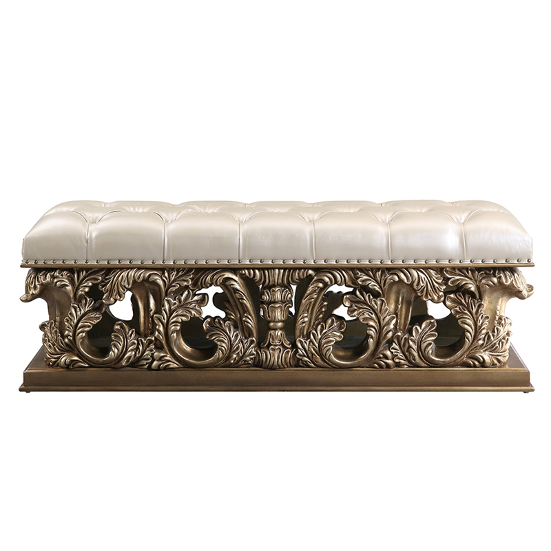 Bowery Hill Button-Tufted Bench in Synthetic Leather - Brown and Gold