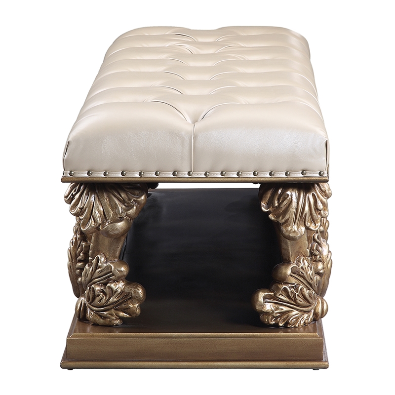 Bowery Hill Button-Tufted Bench in Synthetic Leather - Brown and Gold