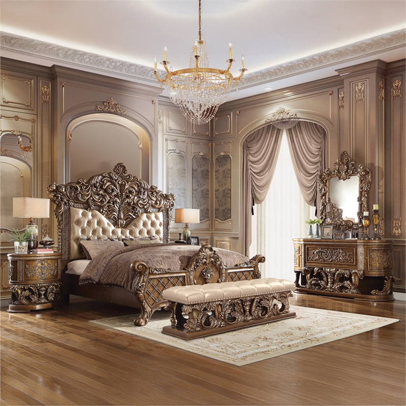 Bowery Hill Button-Tufted Bench in Synthetic Leather - Brown and Gold