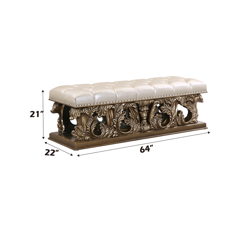 Bowery Hill Button-Tufted Bench in Synthetic Leather - Brown and Gold