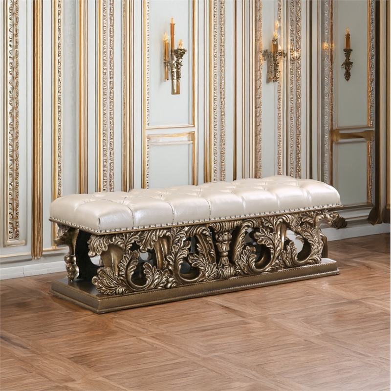 Bowery Hill Button-Tufted Bench in Synthetic Leather - Brown and Gold