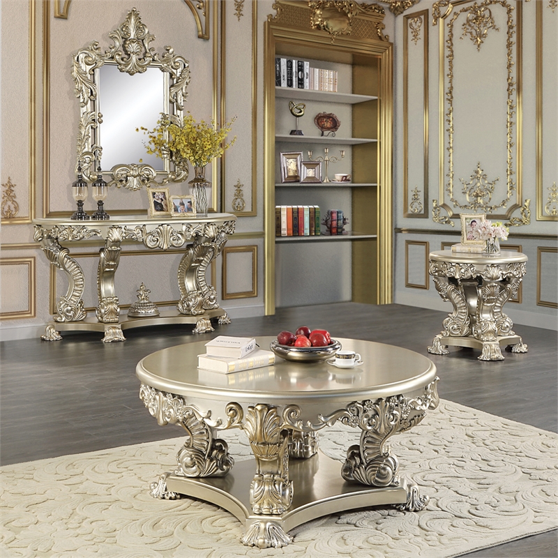 Bowery Hill Coffee Table with Sculptural Carved Base in Antique Gold
