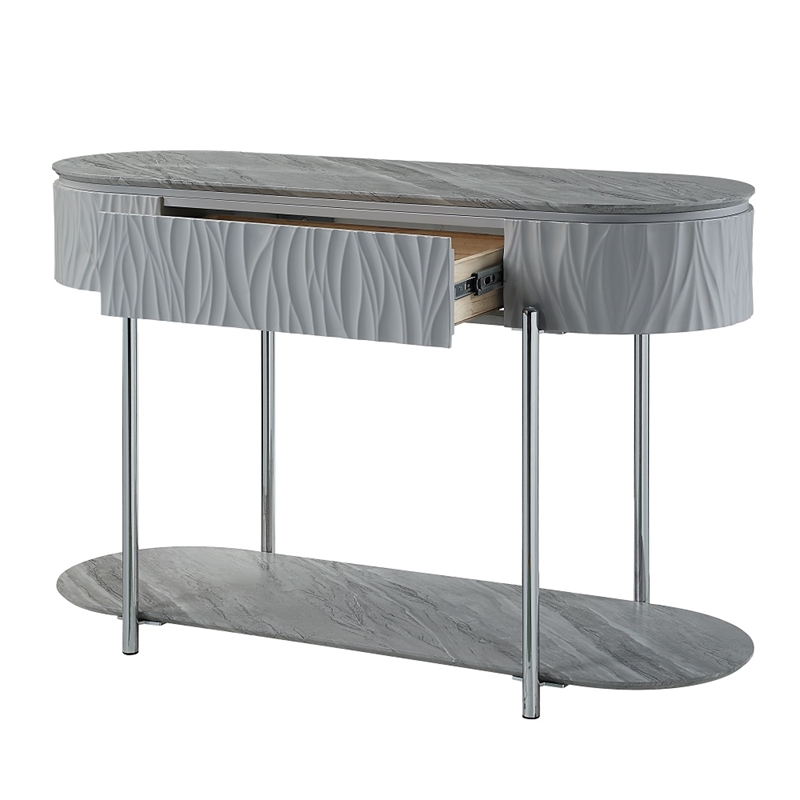 Bowery Hill Sofa Table with Drawer in Gray High Gloss and Chrome