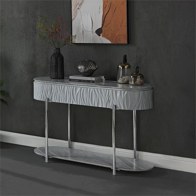 Bowery Hill Sofa Table with Drawer in Gray High Gloss and Chrome