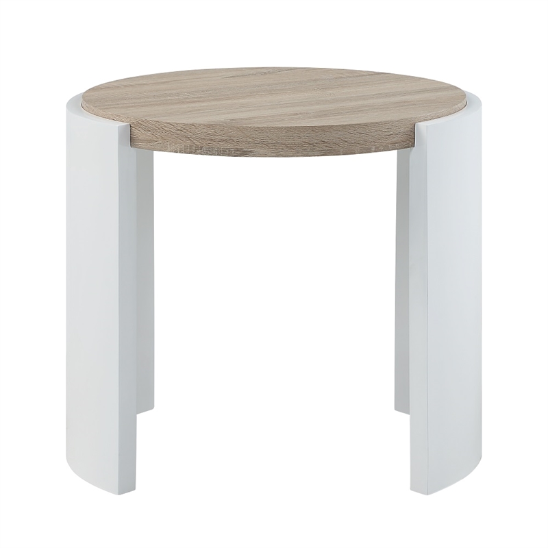 Bowery Hill Round End Table in White High Gloss and Natural Oak