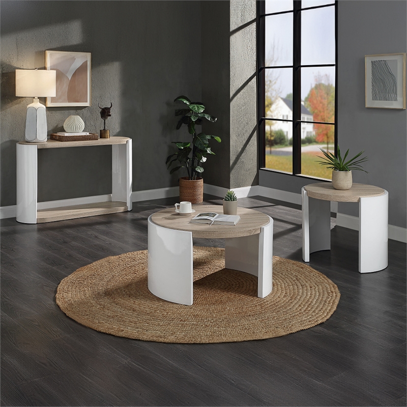 Bowery Hill Round End Table in White High Gloss and Natural Oak