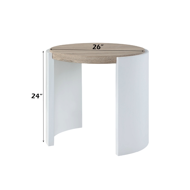 Bowery Hill Round End Table in White High Gloss and Natural Oak