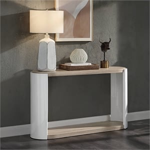 Bowery Hill Oval Sofa Table in White High Gloss and Natural Oak