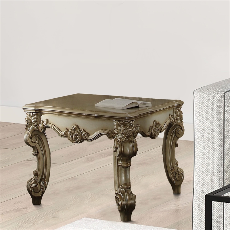 Bowery Hill Square End Table with Scrolled Legs in Gold Patina and Bone