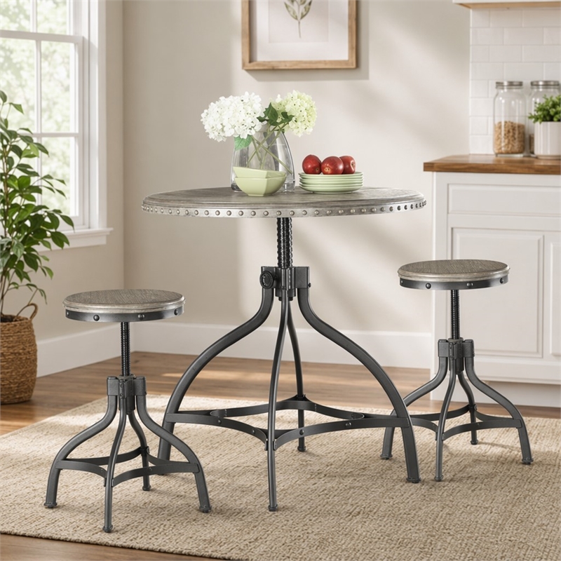 Bowery Hill 3-Piece Adjustable Dining Set with Wood and Metal in Gray Oak