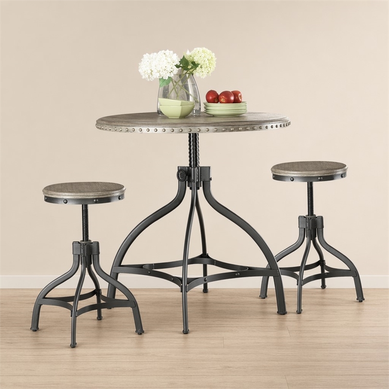 Bowery Hill 3-Piece Adjustable Dining Set with Wood and Metal in Gray Oak