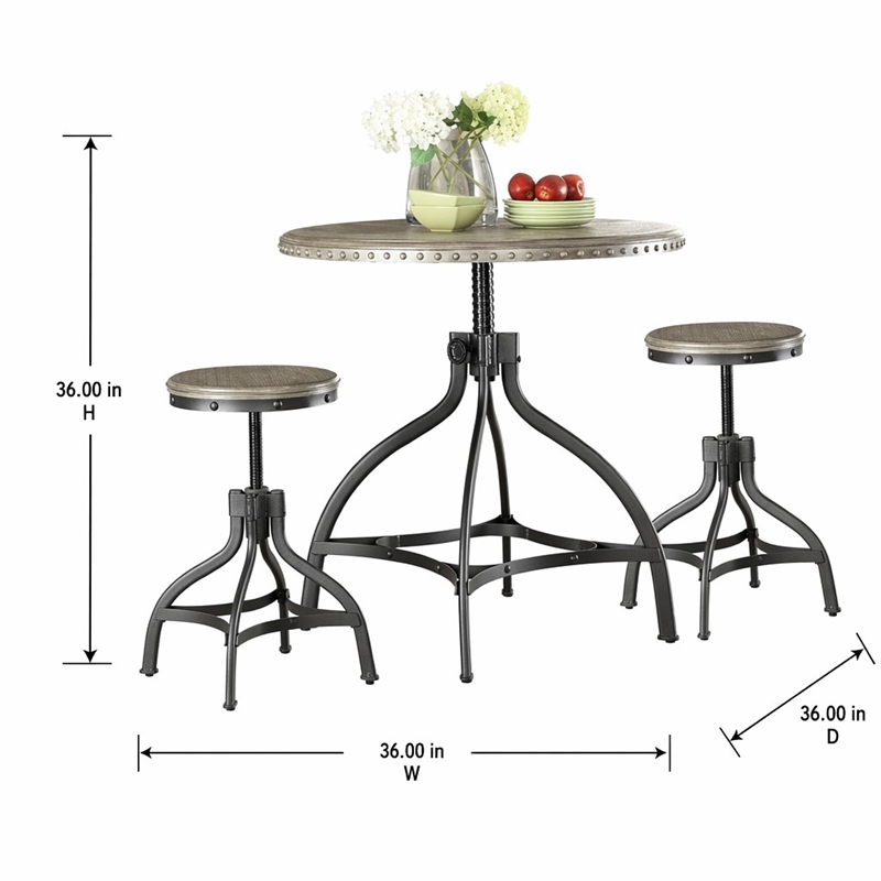 Bowery Hill 3-Piece Adjustable Dining Set with Wood and Metal in Gray Oak