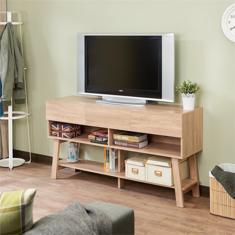 Bowery Hill Rectangular Wood TV Stand with 3 Drawers in Light Oak