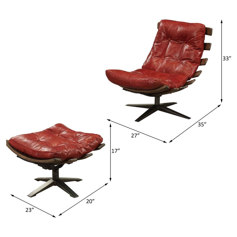 Bowery Hill Tufted Swayback Chair with Ottoman in Red Leather