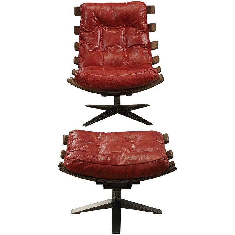 Bowery Hill Tufted Swayback Chair with Ottoman in Red Leather