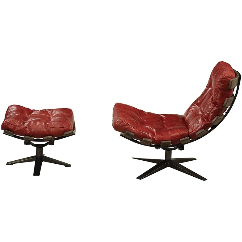 Bowery Hill Tufted Swayback Chair with Ottoman in Red Leather