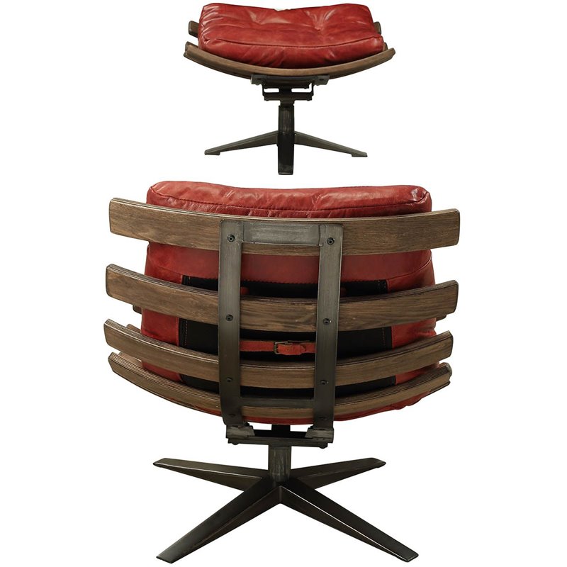 Bowery Hill Tufted Swayback Chair with Ottoman in Red Leather