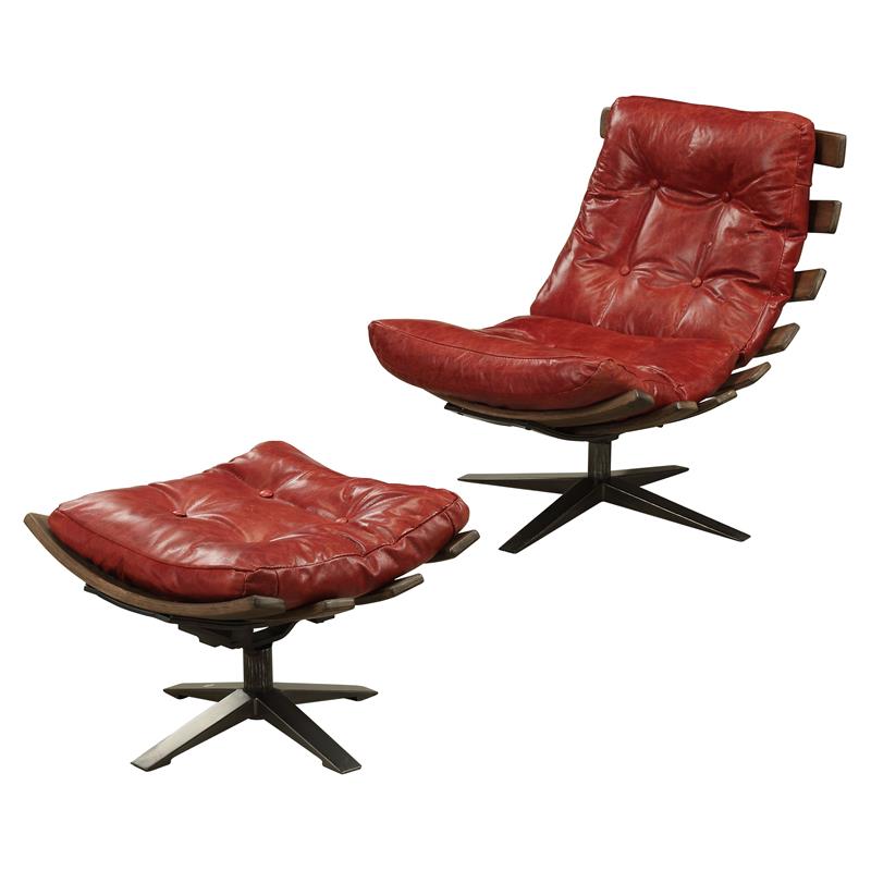 Bowery Hill Tufted Swayback Chair with Ottoman in Red Leather