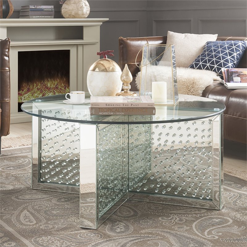 Bowery Hill Round Glass-Top Coffee Table with Mirrored Finish and Crystals