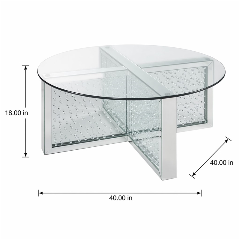 Bowery Hill Round Glass-Top Coffee Table with Mirrored Finish and Crystals
