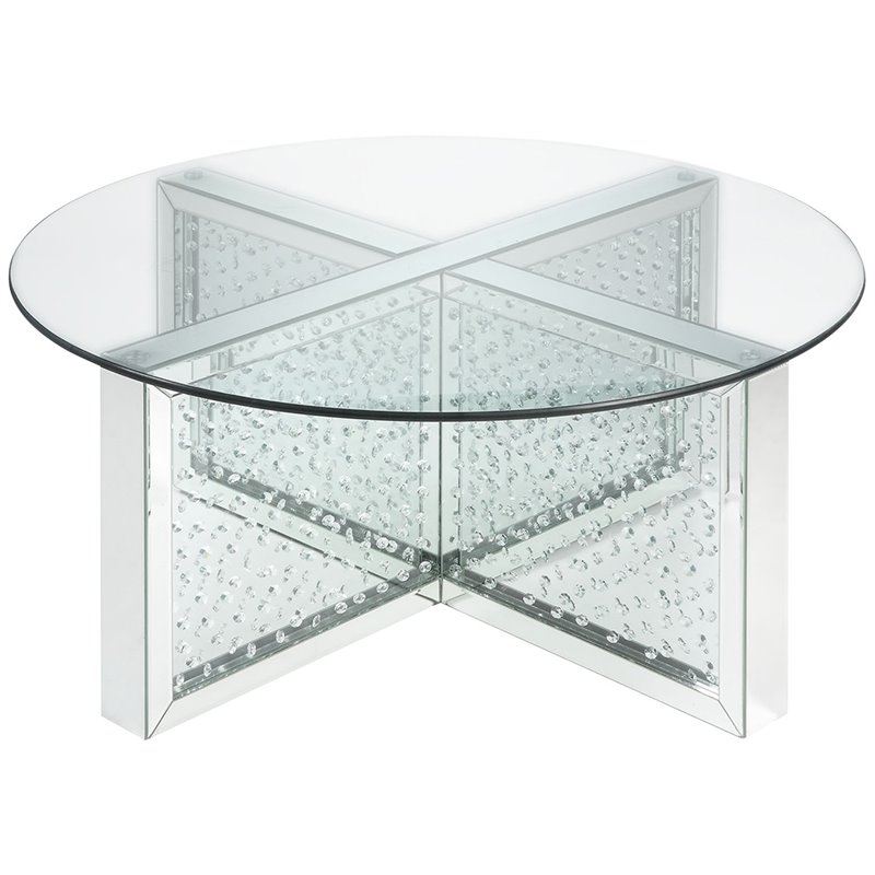 Bowery Hill Round Glass-Top Coffee Table with Mirrored Finish and Crystals