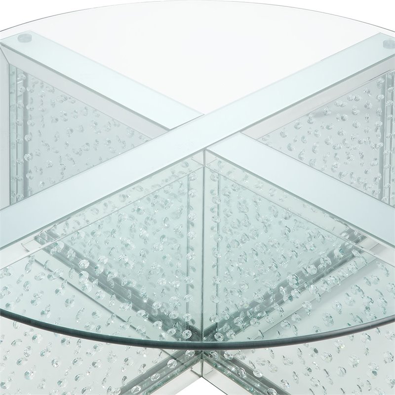 Bowery Hill Round Glass-Top Coffee Table with Mirrored Finish and Crystals
