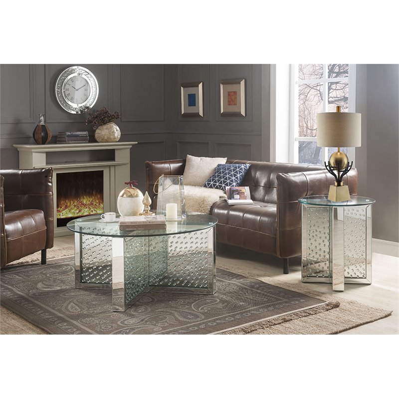Bowery Hill Round Glass-Top Coffee Table with Mirrored Finish and Crystals
