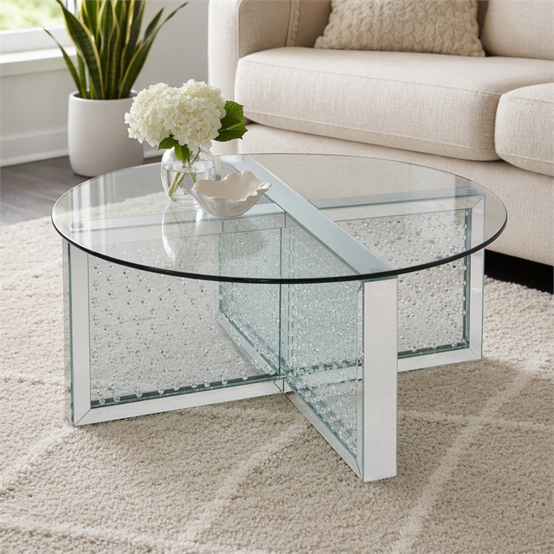 Bowery Hill Round Glass-Top Coffee Table with Mirrored Finish and Crystals