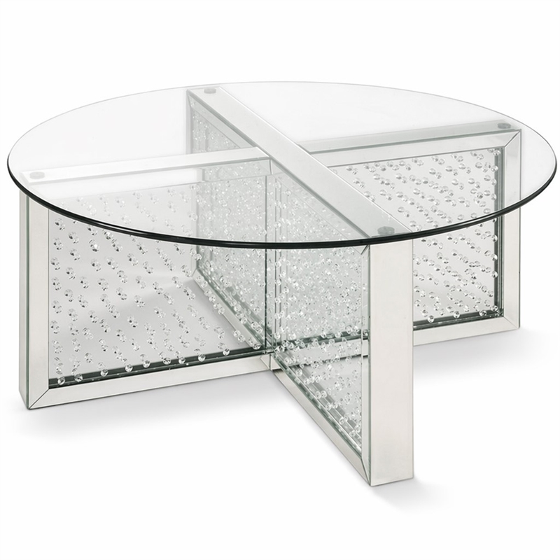 Bowery Hill Round Glass-Top Coffee Table with Mirrored Finish and Crystals
