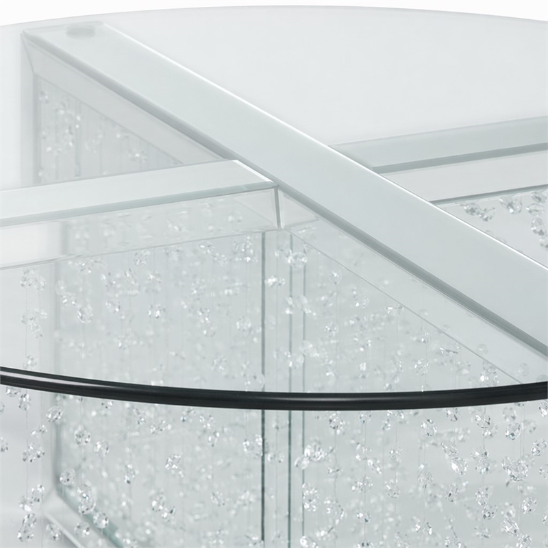 Bowery Hill Round Glass-Top Coffee Table with Mirrored Finish and Crystals