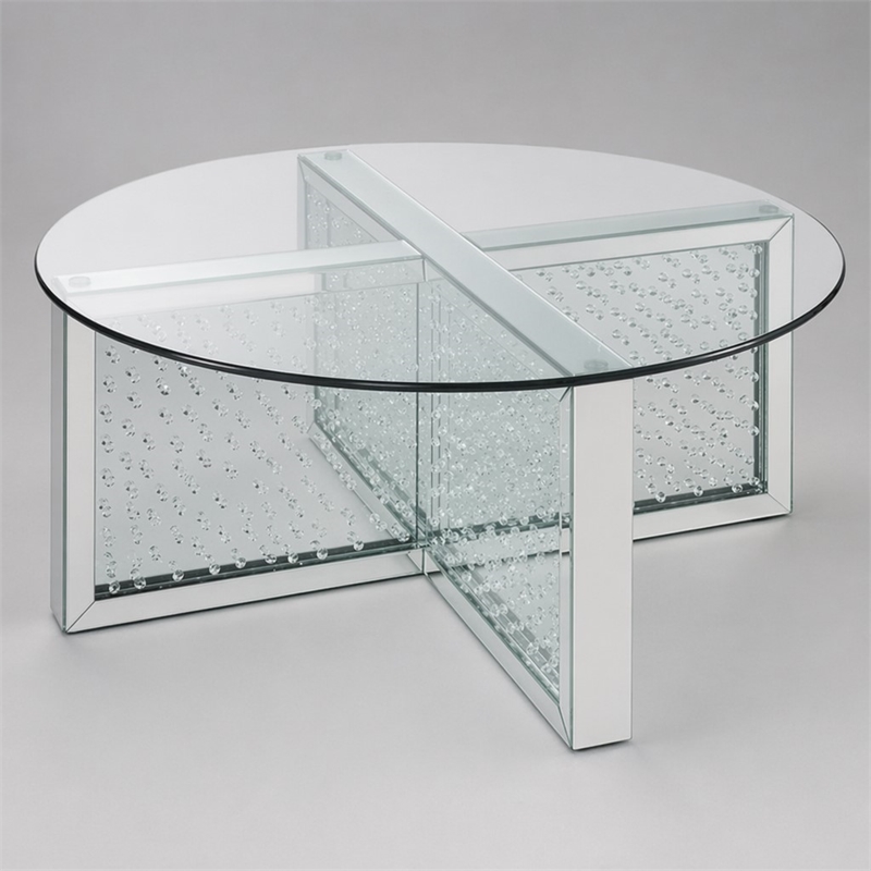 Bowery Hill Round Glass-Top Coffee Table with Mirrored Finish and Crystals