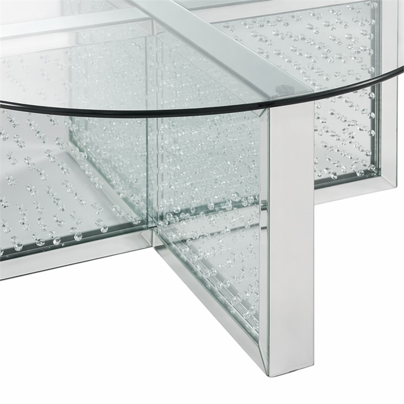 Bowery Hill Round Glass-Top Coffee Table with Mirrored Finish and Crystals