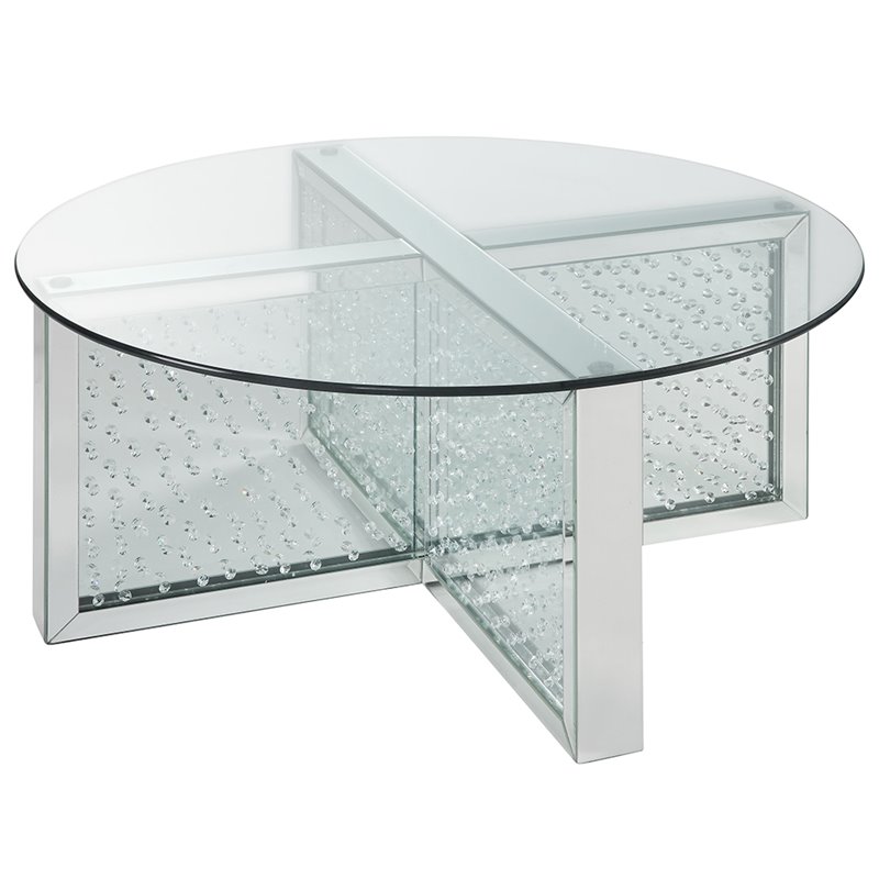 Bowery Hill Round Glass-Top Coffee Table with Mirrored Finish and Crystals