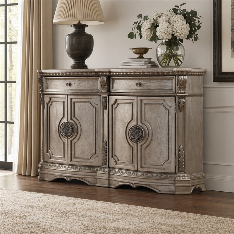 Bowery Hill 2-Drawer Server with 4 Doors and Raised Motifs in Champagne