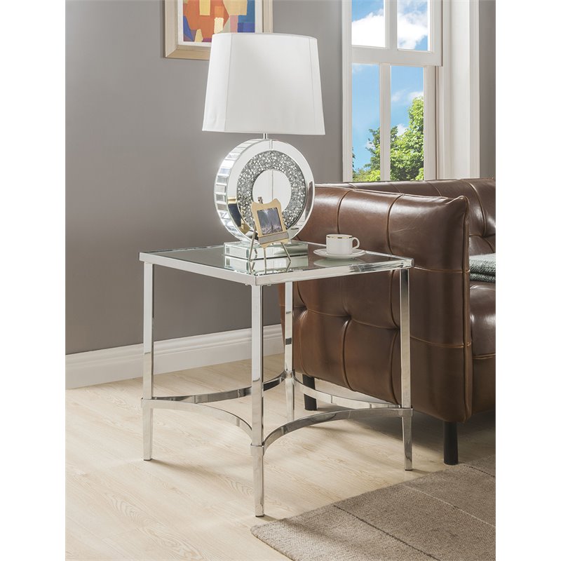 Bowery Hill Square Metal & Glass End Table in Chrome Finish with Mirrored Top