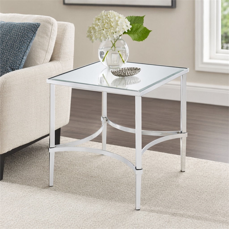 Bowery Hill Square Metal & Glass End Table in Chrome Finish with Mirrored Top
