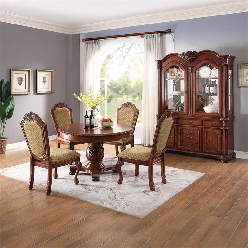 Bowery Hill Round Single Pedestal Dining Table with Removable Leaf in Cherry
