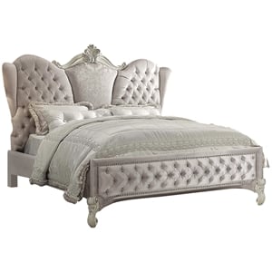 Bowery Hill King Upholstered Bed with Tufted Headboard in Ivory Velvet