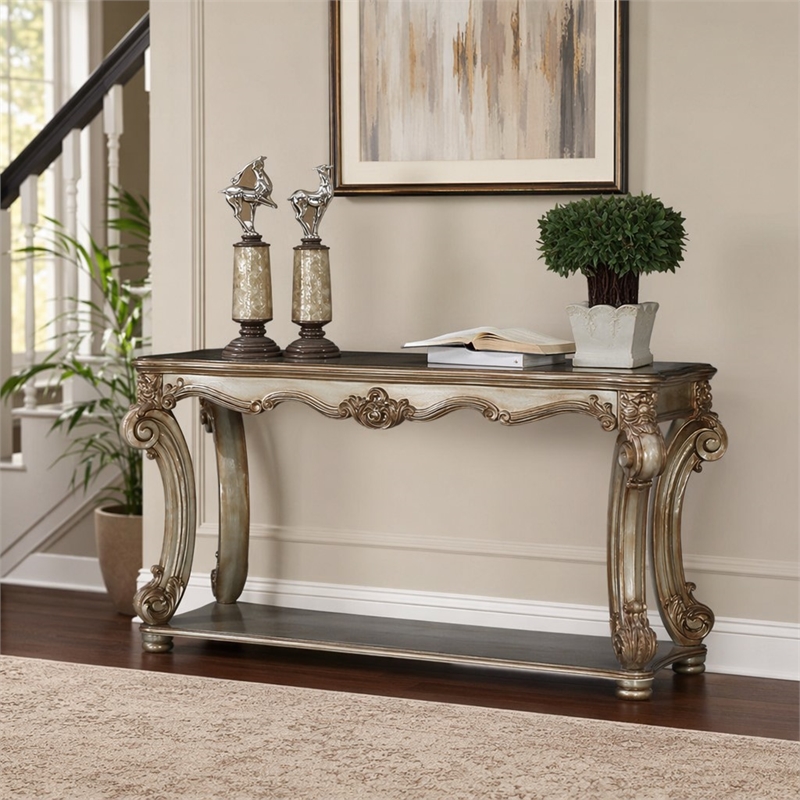 Bowery Hill Gold Patina Sofa Table with Scrolled Leg and Shelf